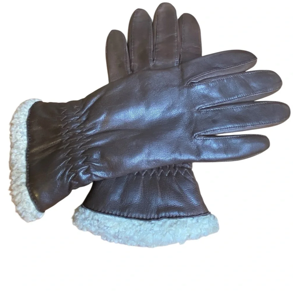 Fownes Brown leather faux Sherpa lightweight gloves Women’s size 7